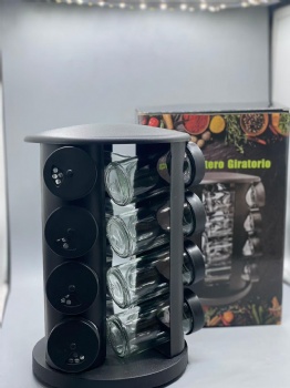 Black Glass Kitchen Organizer Round Rotating Spice Rack Set With Seasoning Storage Container Shaker for Salt Pepper
