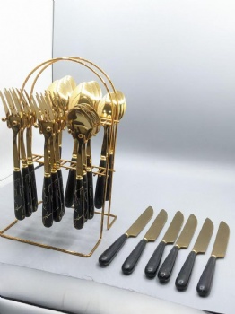 Plastic Handle Stainless Steel Spoon Fork and Knife Silverware Golden Plated Flatware Set Western Cutlery Steak Cutlery