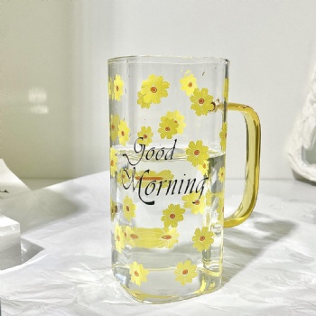 Square Clear Bottles Glass Coffee Cups With Gold Handle Color Glass Straw Drinking Bottle
