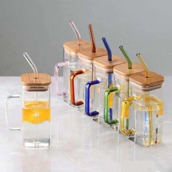Square Glass Juice Cup Water Glass Milk Beer Mug with Lid and Straw
