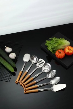 Stainless Steel Spatula Home and Kitchen Colander Spoon Ladle Wood Grain Handle Insulation Kitchenware Cooking