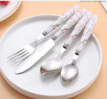 Silverware Plastic Handle Marble Pattern Steak Knife Dessert Forks Serving Spoon Stainless Steel Flatware Cutlery