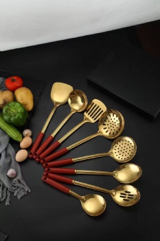 Gold Wood Utensils Stainless Steel Serving Spoons Cookware Large Metal Kitchen Cooking Soup Ladle Small Spatula Accessories Set