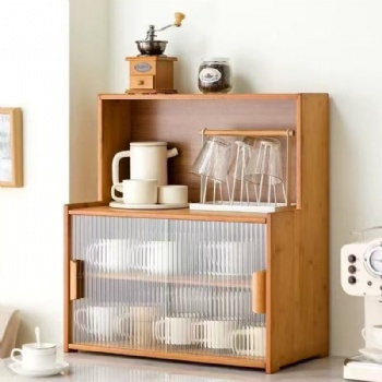 Fashion Design Factory Adjustable Large Size 3 Type Bamboo Kitchen Storage Box Organizer 2 Sliding Door with Wavy Acrylic Doors