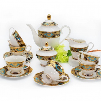 Royal Style Modern Luxury Design Porcelain Coffee Tea Cup Sugar Milk Pot Teapot Flower-Shape Gold Rim Vintage Set