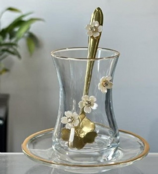 Handmade Turkish Arabic Luxurious Golden Plate Tray Modern Clear Glassware Cup Set Heat-Resisting Coffee Tea Home Company Cafe