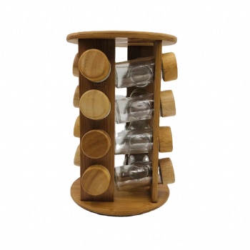 Kitchen Bamboo Multi-layer Round Condiment Rack Restaurant Wood lid Spice Rack Rotating Base Available Standing Spice Jar Set
